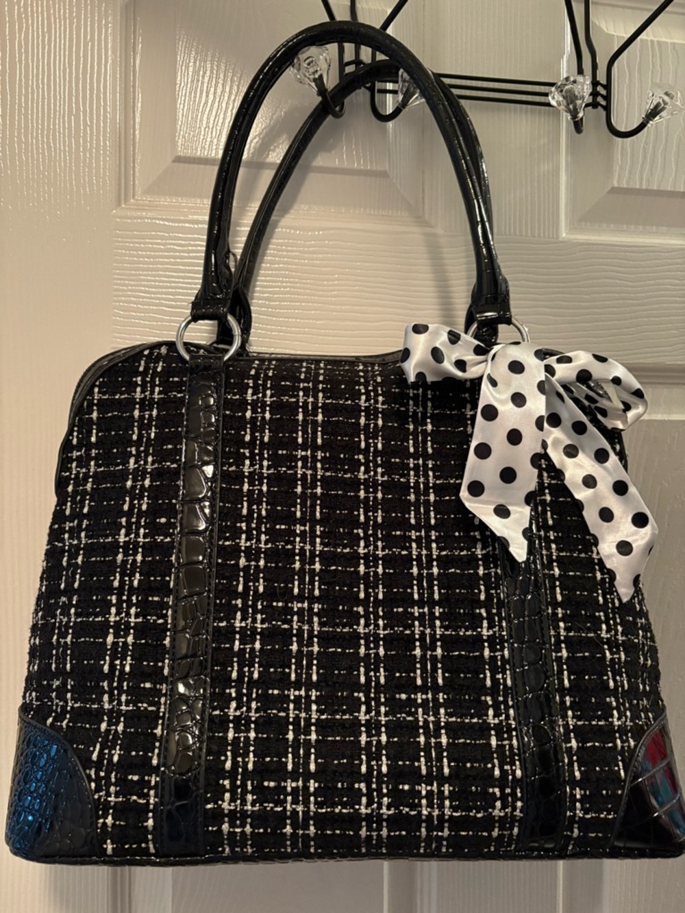 Cato Black & White Tweed Satchel with Polka Dot Bow